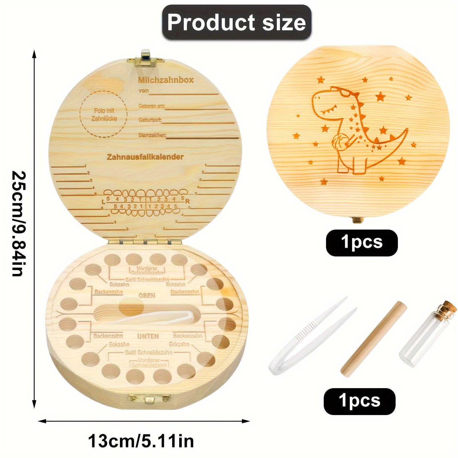 Wooden Dinosaur Keepsake Box with Tweezers for Baby Birthdays and Showers