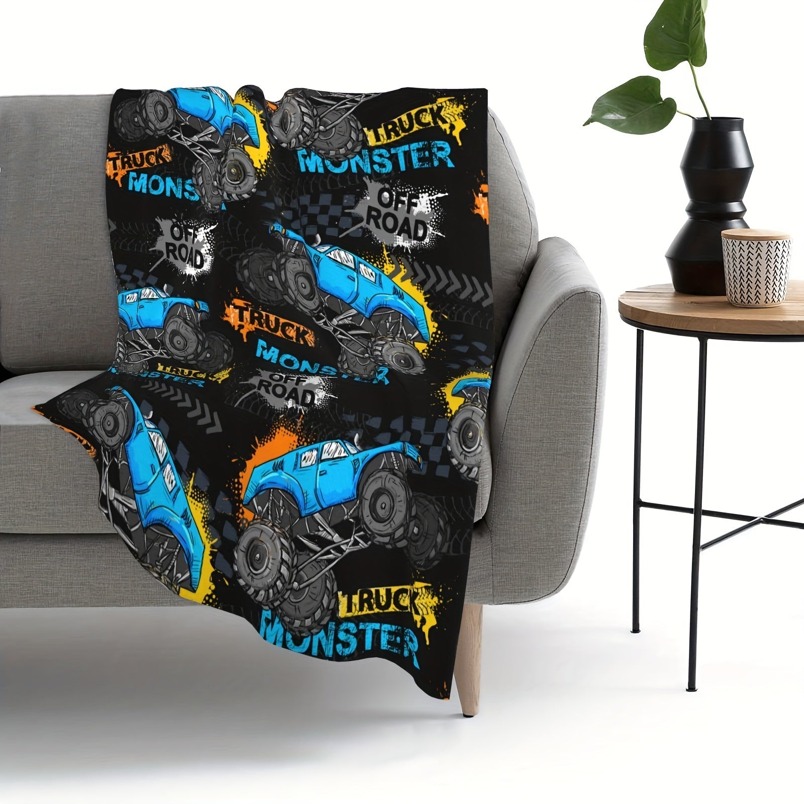 Monster Truck Flannel Blanket for Bed Sofa Home Decor Cozy Durable