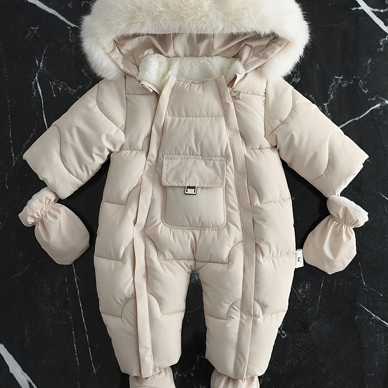 Baby Boys Winter Jumpsuit with Hood Faux Fur Trim Fleece Lining Mittens and Booties