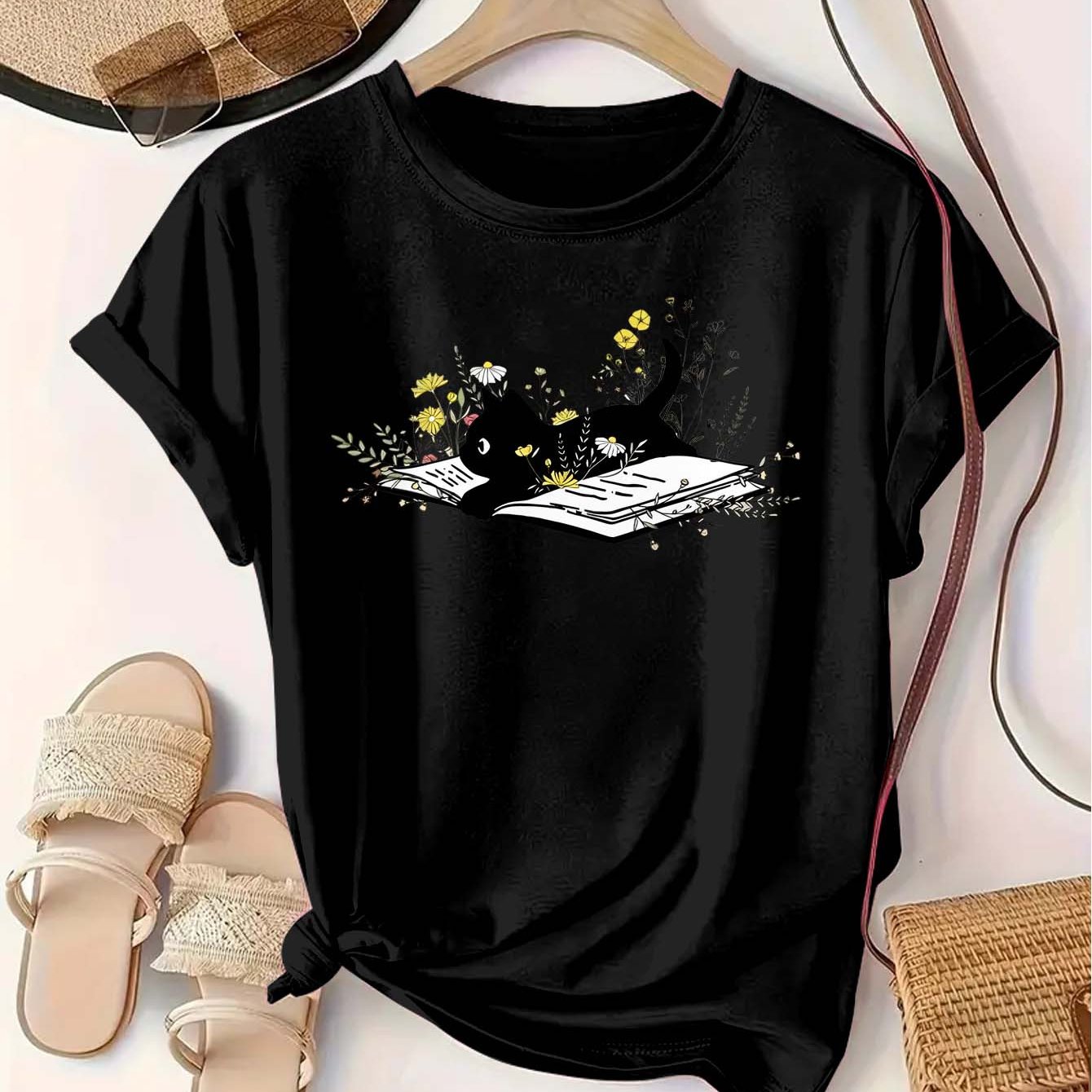 Women’s Cotton T-Shirt With Cat and Flower Print, Soft, Comfortable, Casual Top
