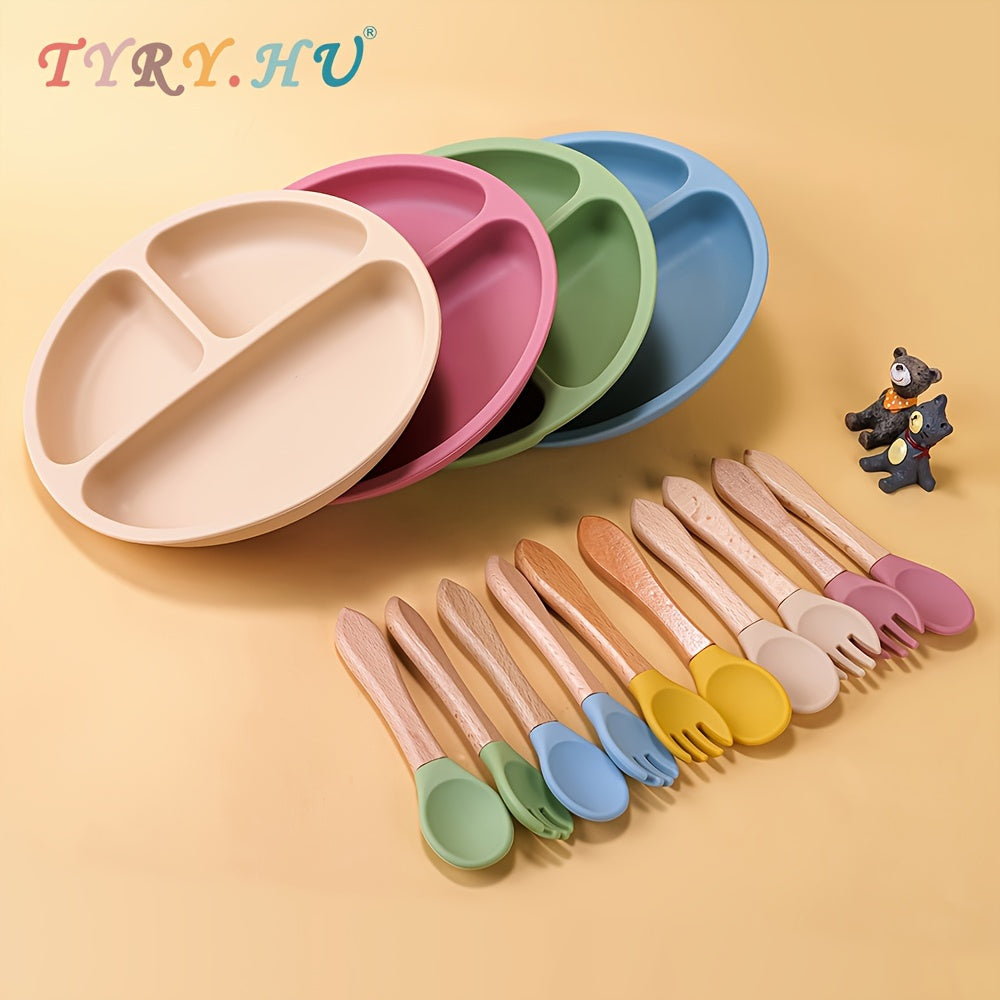 Baby Feeding Set 3-Piece Silicone Divided Plate Spoon Utensils for Toddler