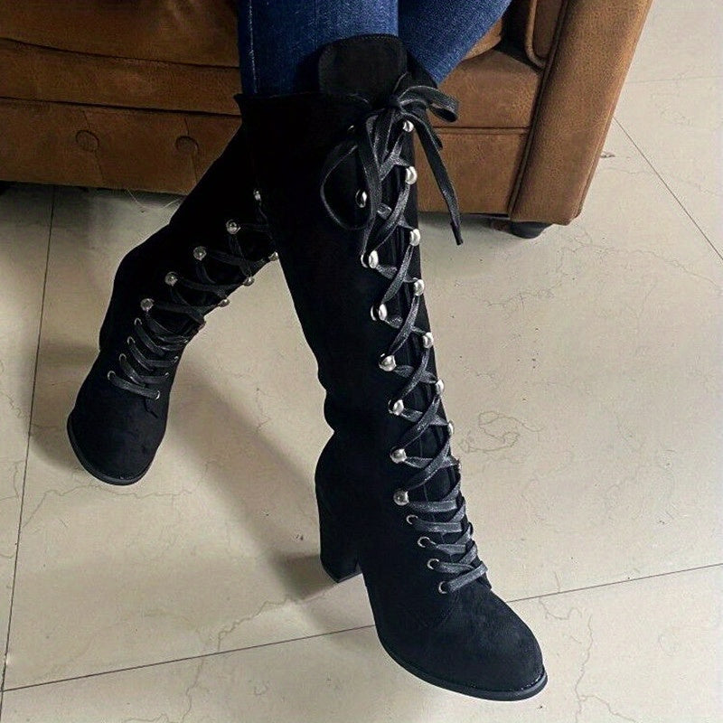 Women's Knee High Leather Boots Lace Up Chunky Heels Black Tall Shoes
