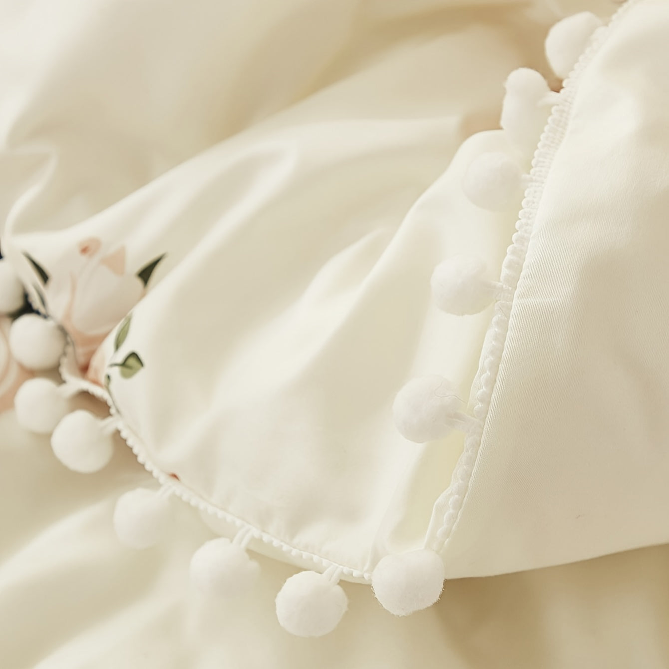 Set of 3 Pastoral Flower Print Duvet Cover Set with Pompom Details Soft Cozy Bedding for Bedroom or Guest Room