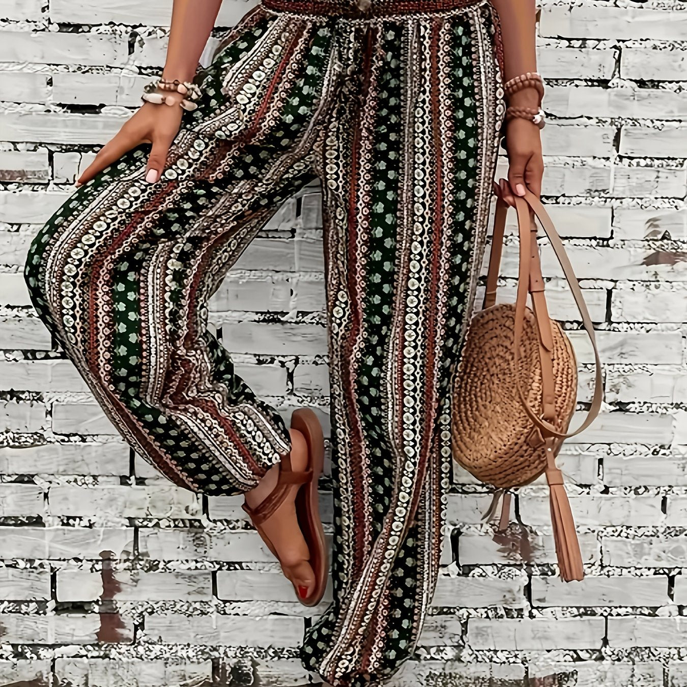 Pantalones de pierna ancha con estampado bohemio de talla grande para mujer, ajuste suelto con cintura elástica