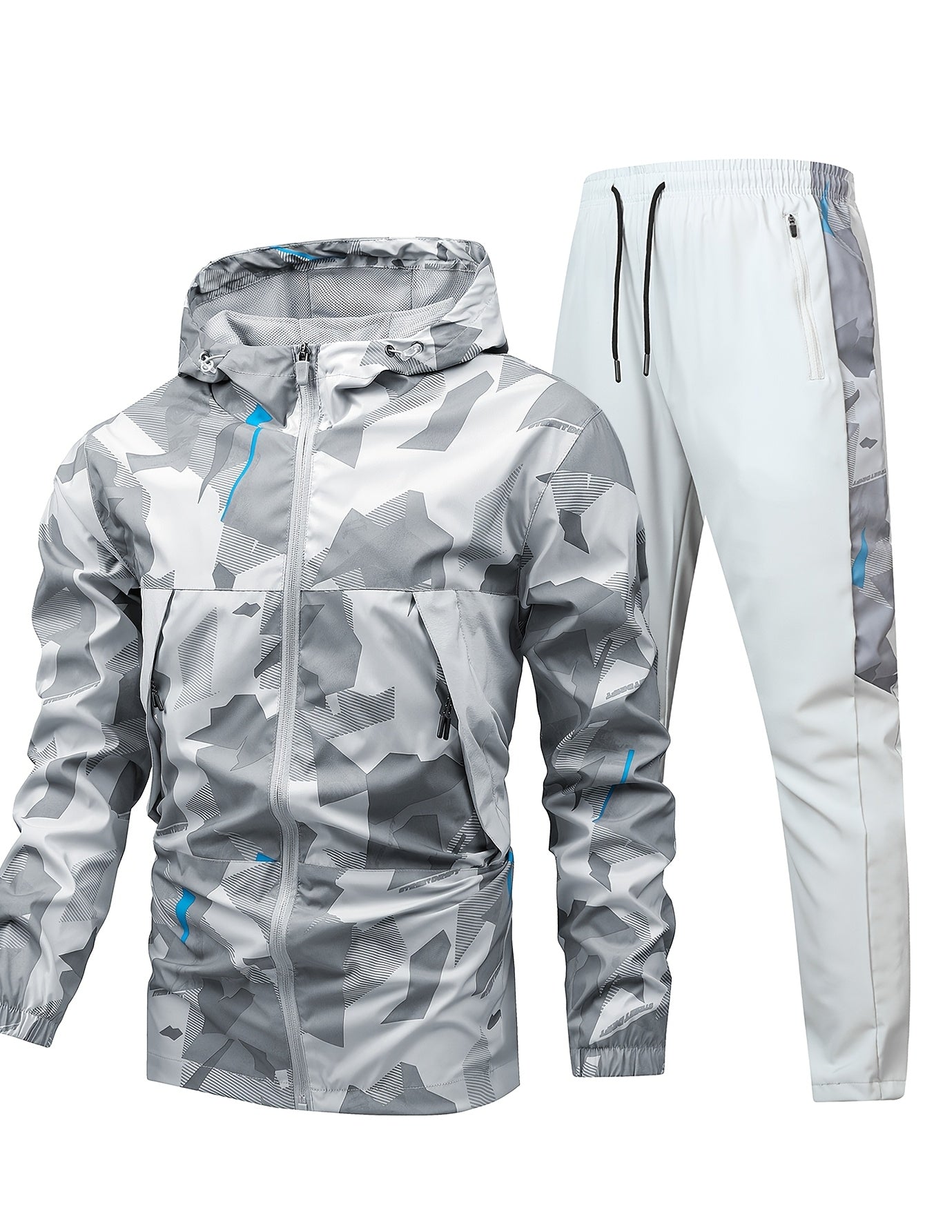 Men's Camo Windproof Athletic Set Hooded Jacket and Pants Quick-Dry Breathable Reflective Full-Zip Sportswear