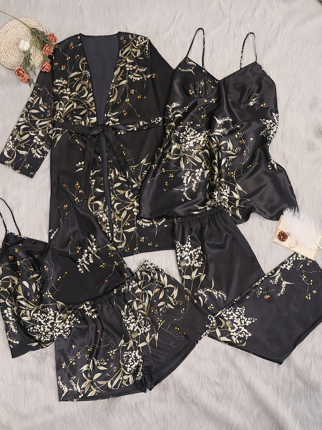 Plus-Size Women's Printed Loungewear Set with Camisole Dress Shorts Pants and Robe for Fall Winter