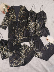 Plus-Size Women's Printed Loungewear Set with Camisole Dress Shorts Pants and Robe for Fall Winter