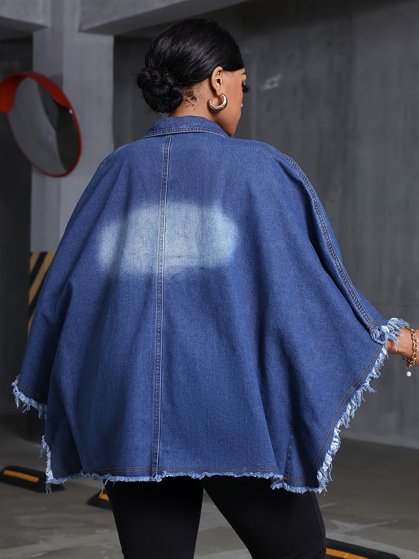 Women Plus Size Denim Coat Loose Fit Batwing Sleeve Washed Blue Denim Outerwear