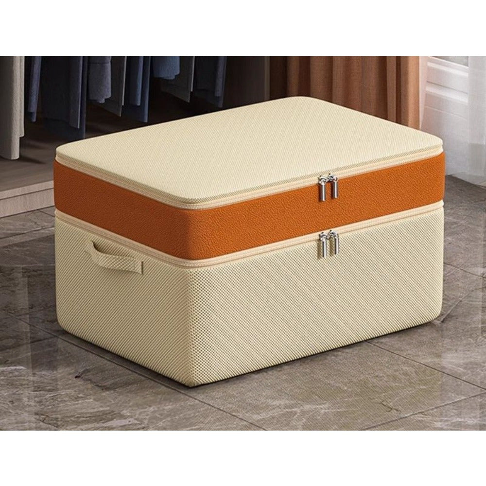 Katta sig'imli ikki qatlamli kiyim saqlash qutisi, apelsin va bej matoda, kir va aksessuarlarni tartibga solish uchun mukammal. To'rtburchak shakli, yostiq ostida saqlash uchun zip yopilishi.