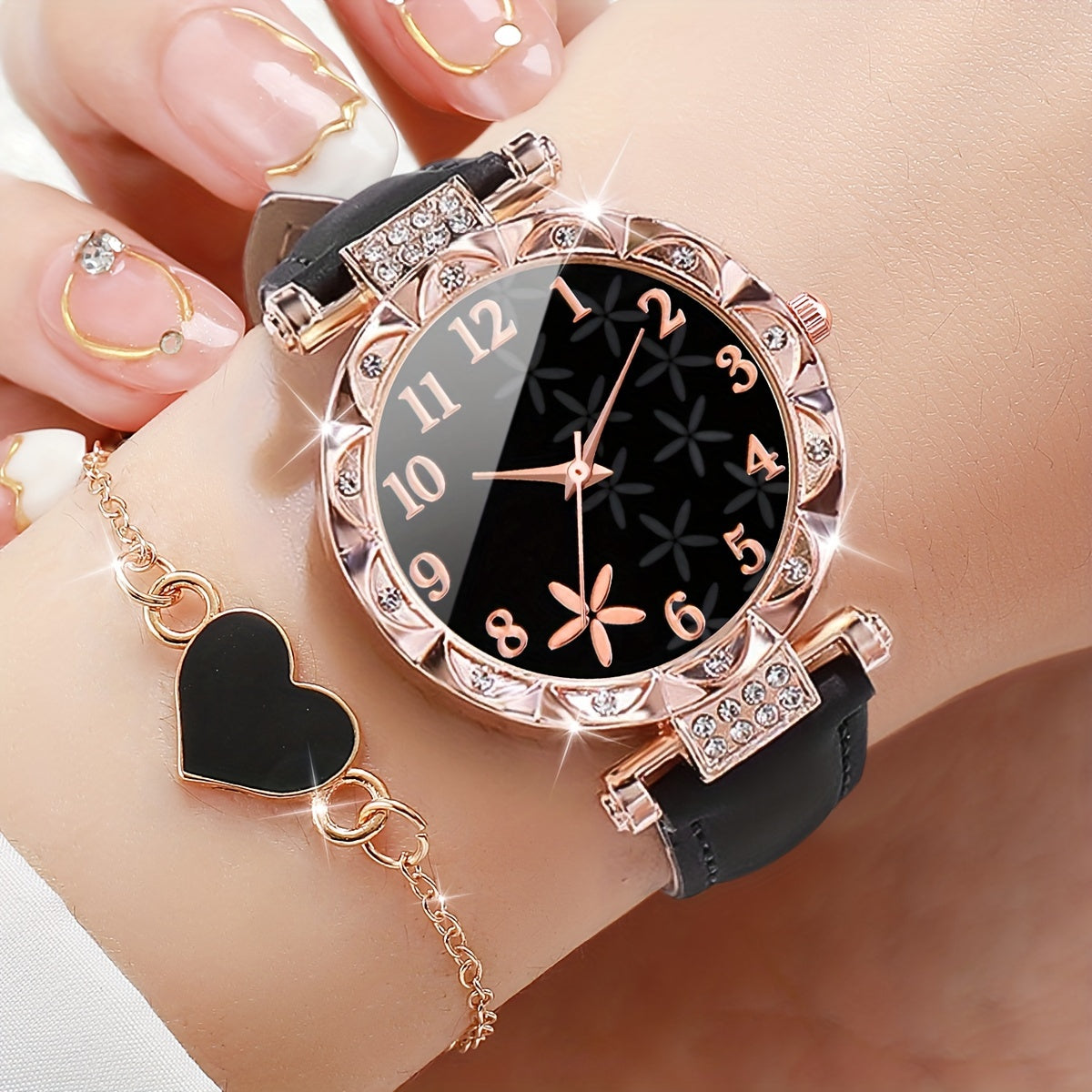 Women's Jewelry Set Minimalist Flower Petal Quartz Watch and Heart Chain Bracelet