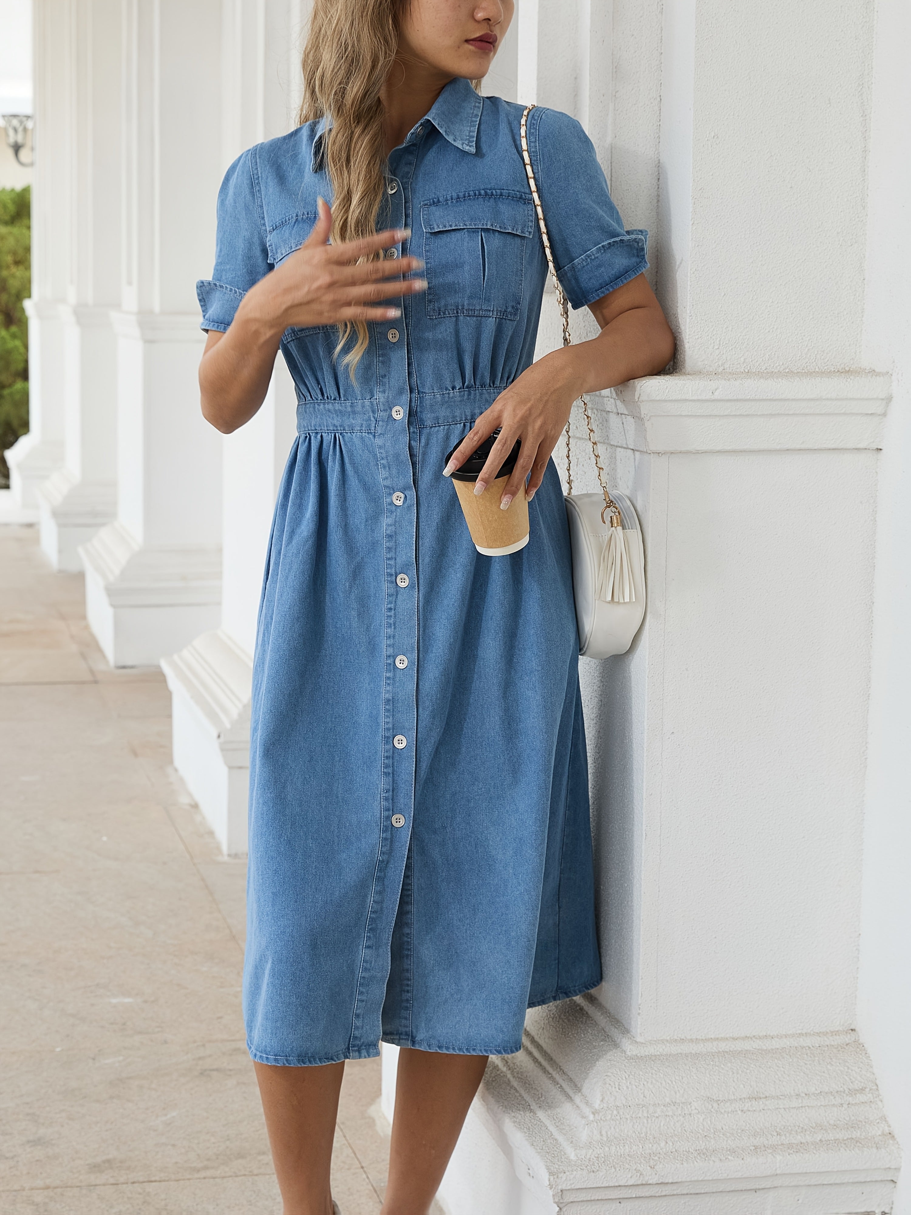 Women's Denim Midi Dress Short Sleeves Flap Pockets Button Front Casual Blue