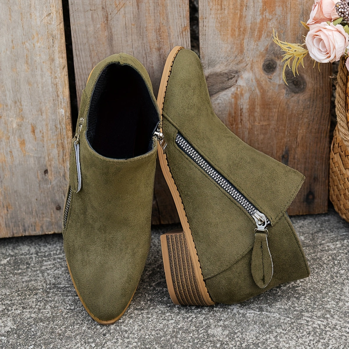 Women's Faux Leather Chelsea Ankle Boots with Chunky Heel and Side Zipper