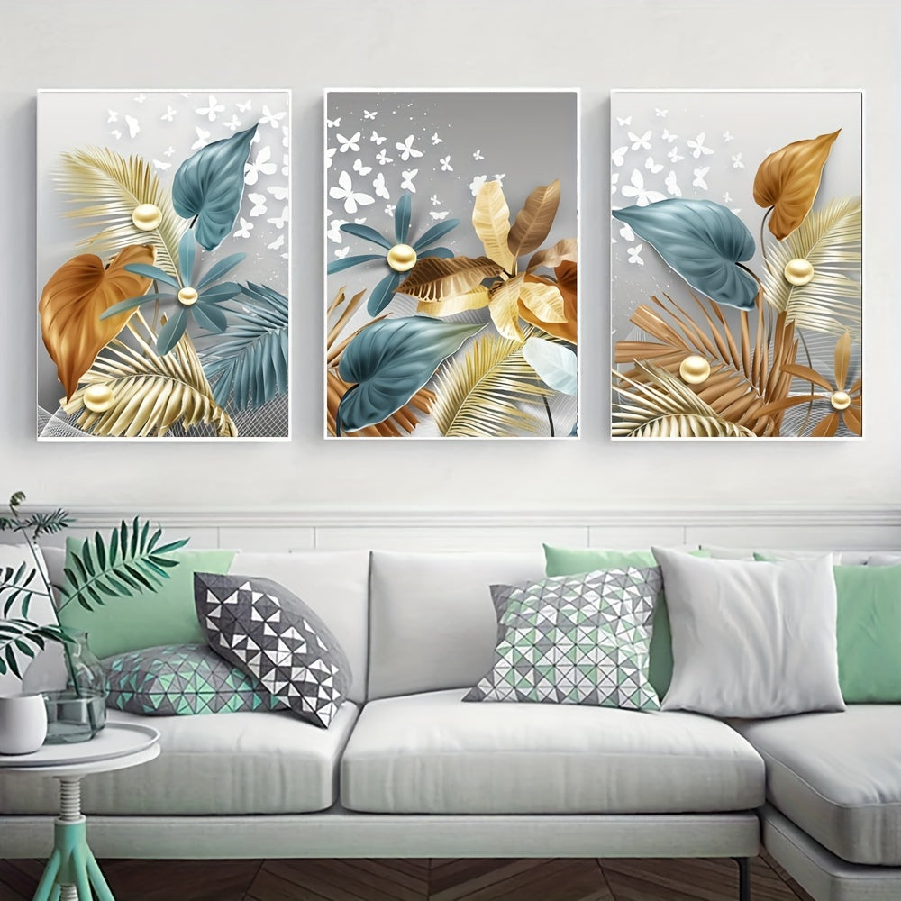 Set of 3 Flower Leaf Canvas Wall Art Posters Frameless for Living Room Bedroom Kitchen Office