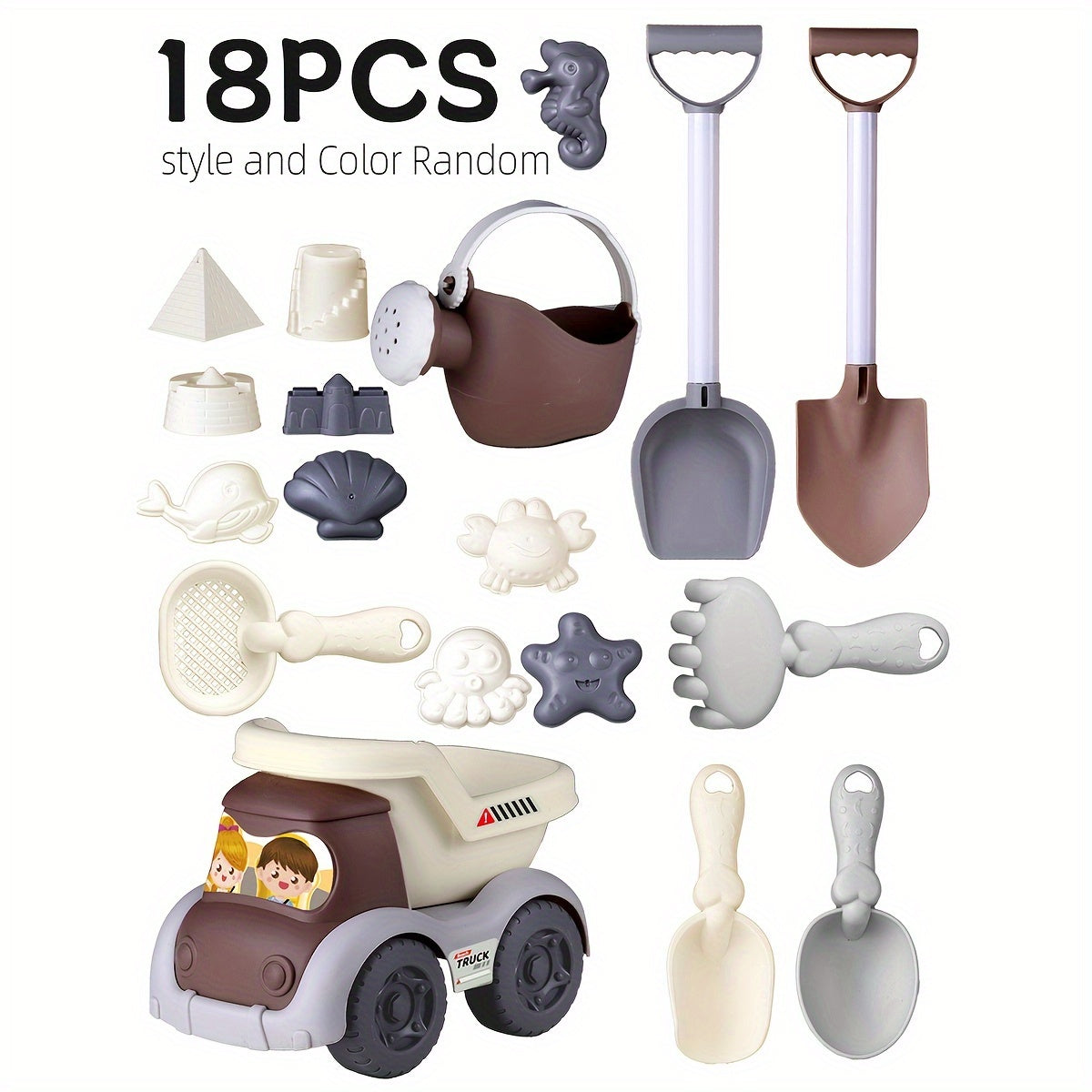 Детский набор пляжных игрушек с лопаткой, ведром, машинкой и башней в сером цвете для детей от 3 лет