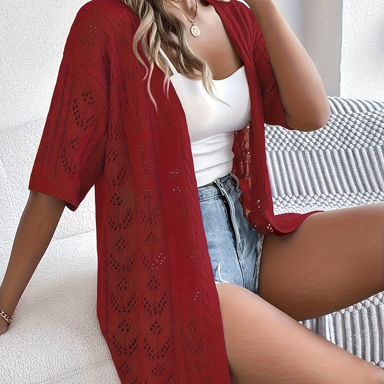 Plus Size Women's Lightweight Lace Cardigan Open Front Cover-Up Summer Beachwear