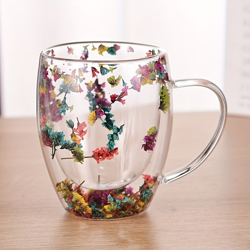 Double-Walled Glass Mug 11.83oz with Dried Flowers for Coffee Tea Juice