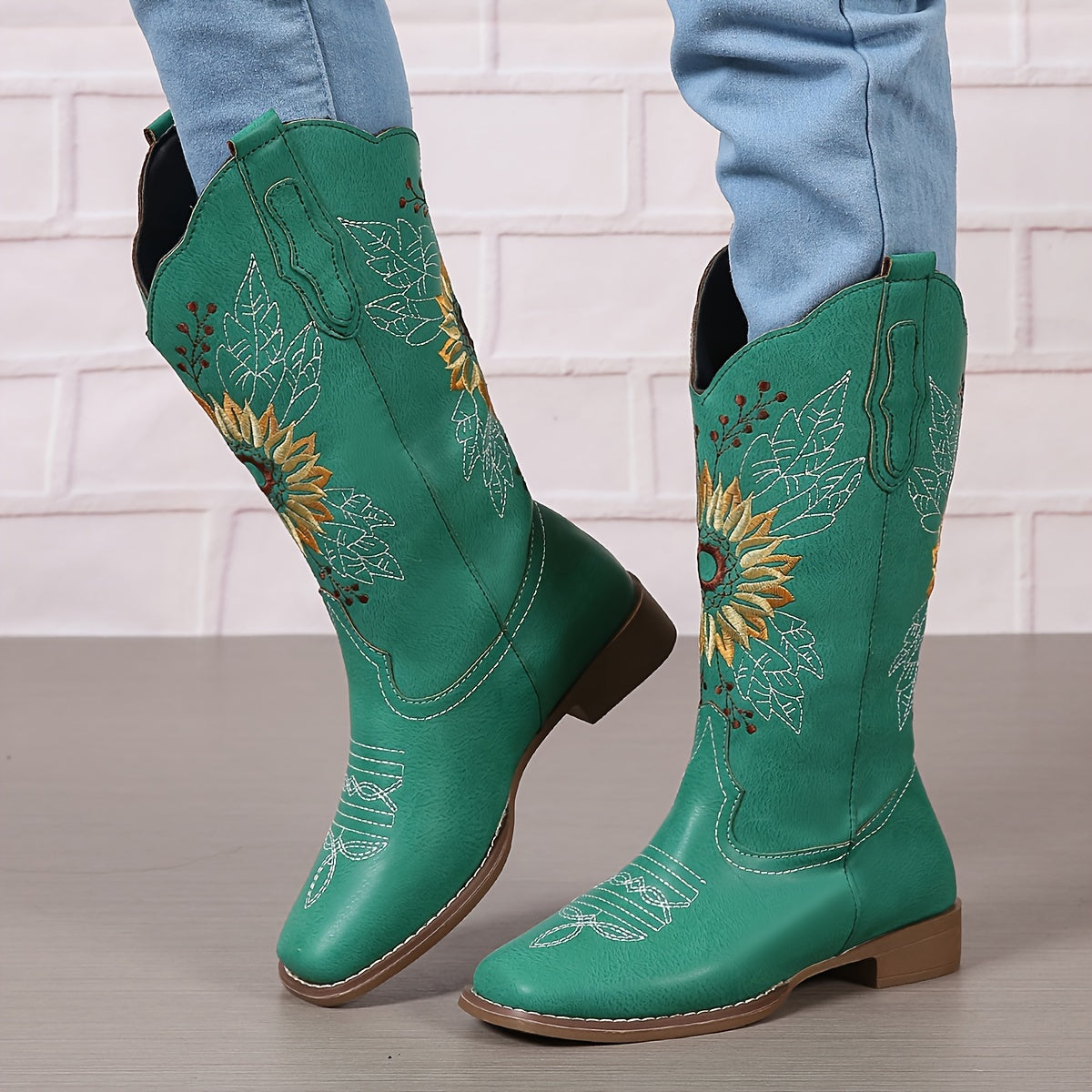 Women's Faux Leather Embroidered Mid Calf Western Boots