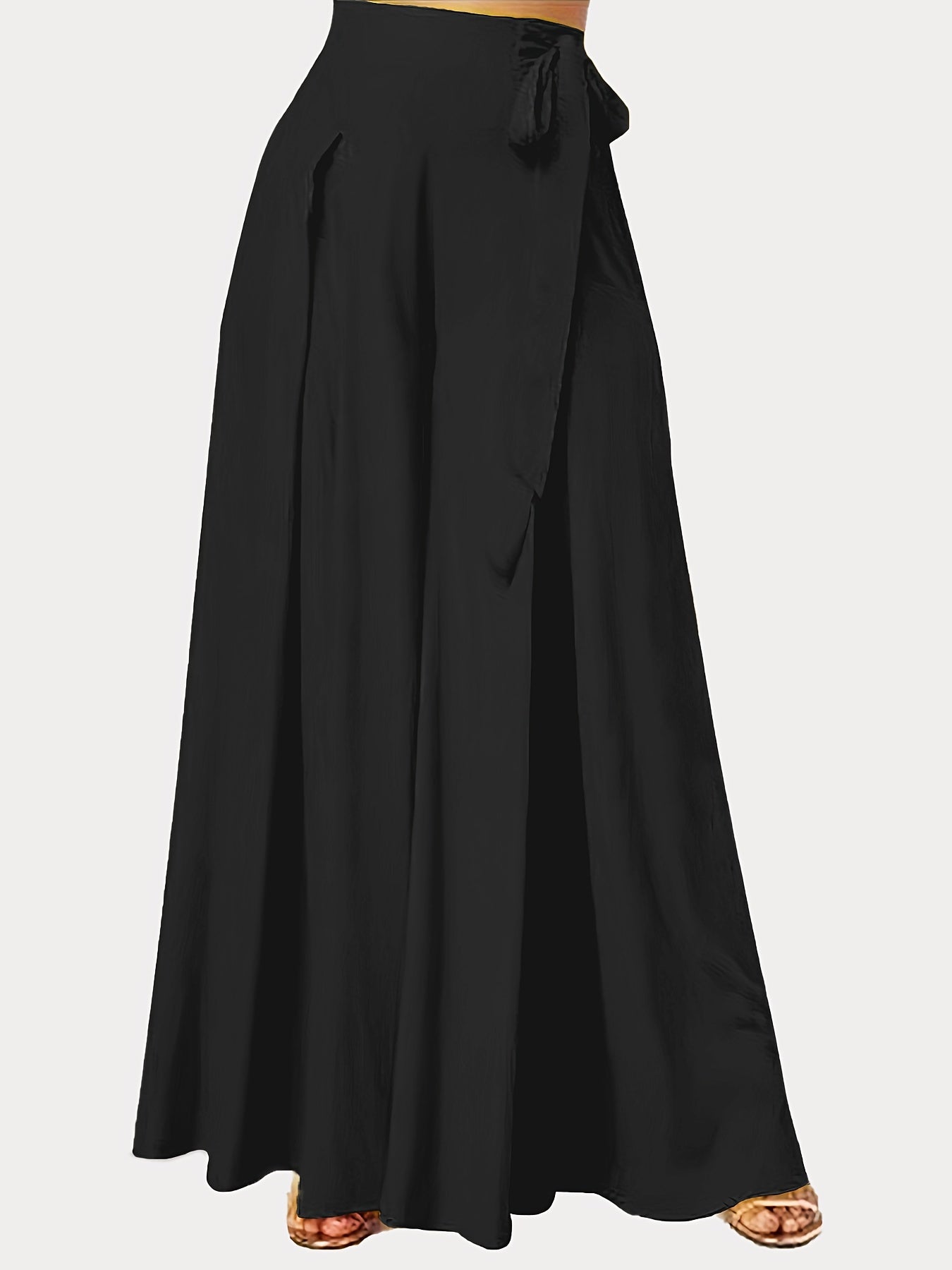 Pantalones anchos de mujer con lazo en la parte delantera, cintura alta, casual, de poliéster tejido