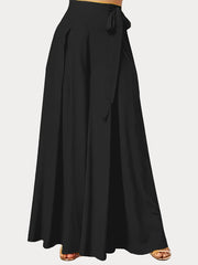 Pantalones anchos de mujer con lazo en la parte delantera, cintura alta, casual, de poliéster tejido