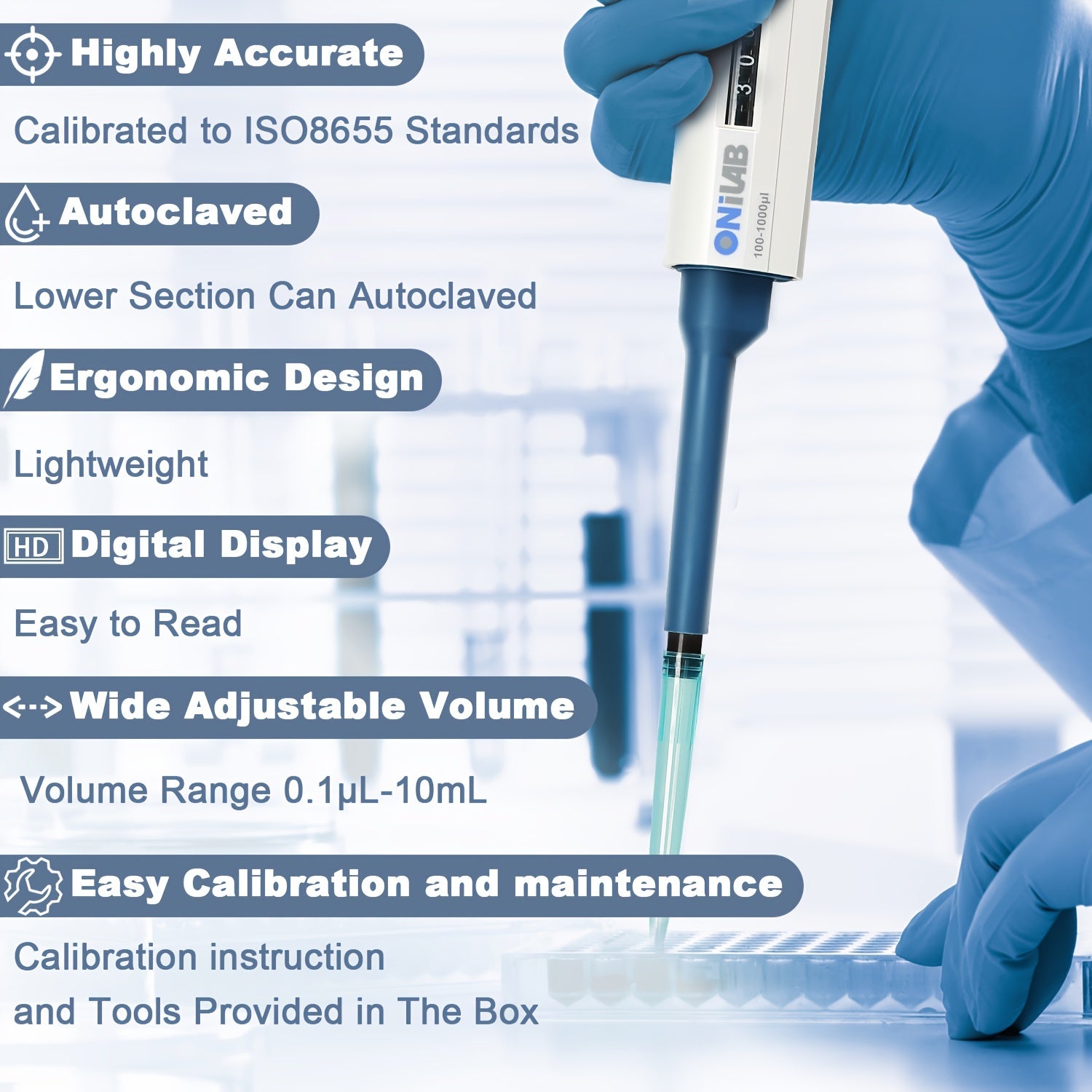 Adjustable High-Precision Micropipette 0.1ul-10ml Autoclavable Ergonomic Grip