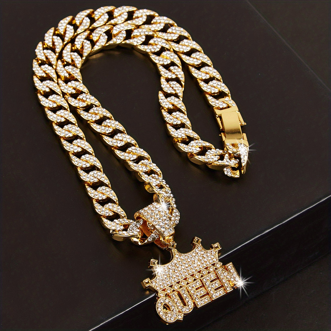 Women's Cuban Link Chain Necklace with Crown Queen Pendant Rhinestones Hip Hop Style