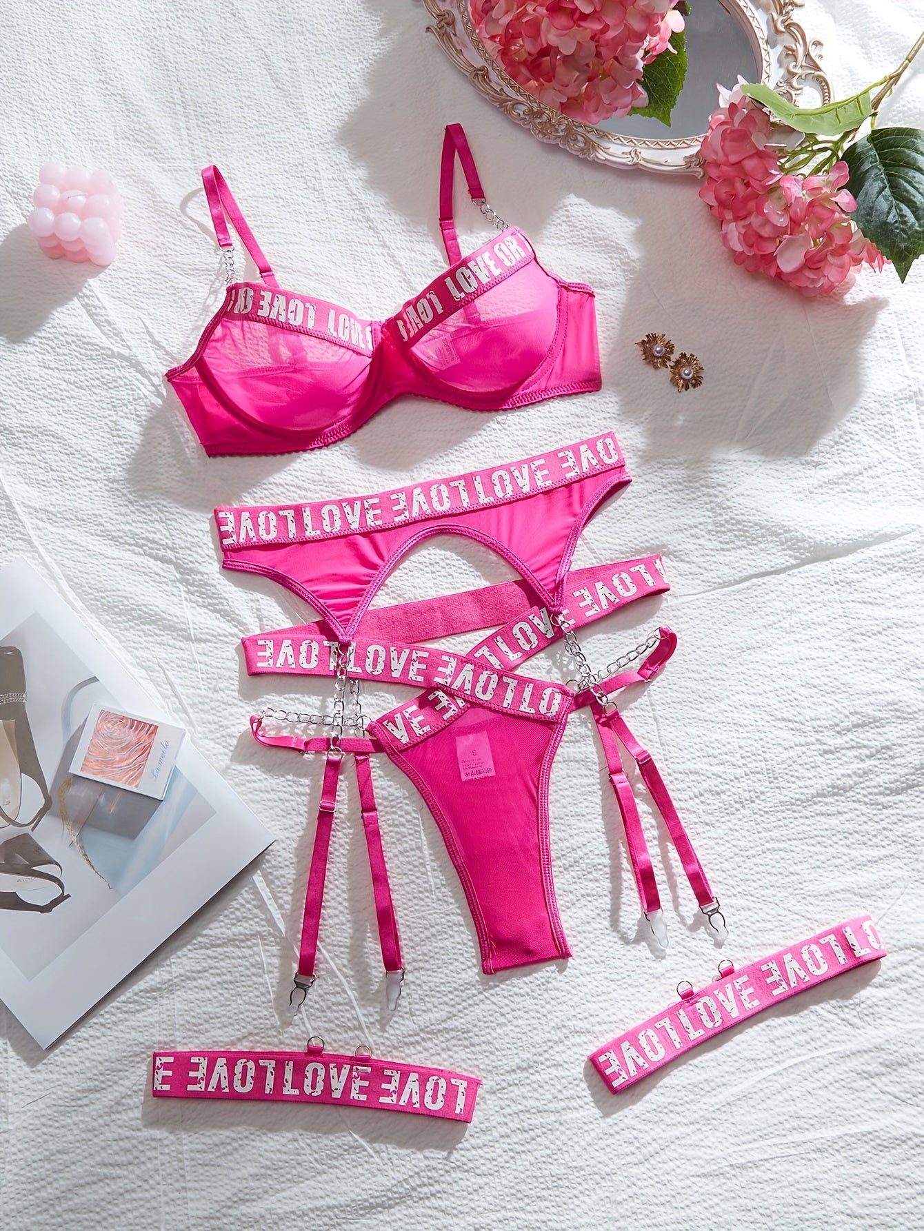 Lingerie Set with Lace Letter Print and Metal Chain for Women 2024
