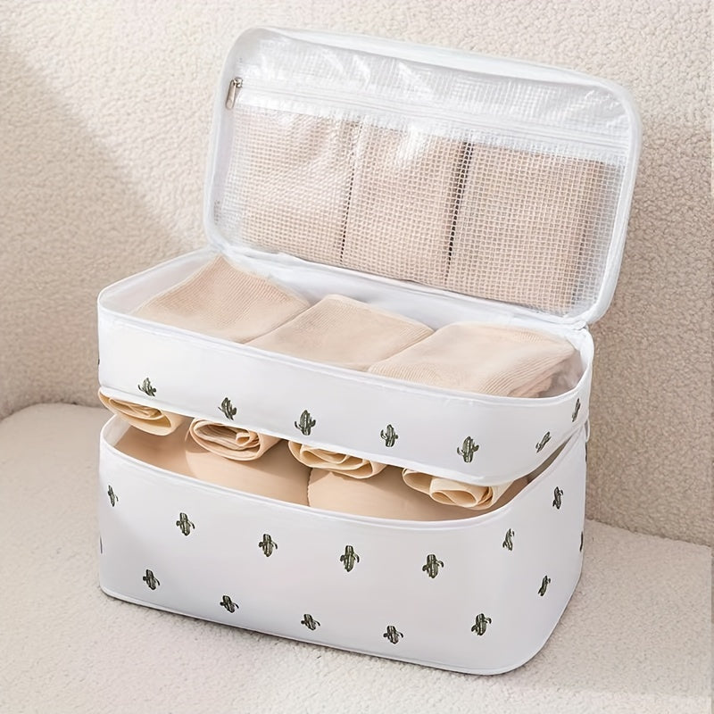 Travel Organizer Bag for Underwear and Bras Double-Layer Divided Compartments Beige Polyester