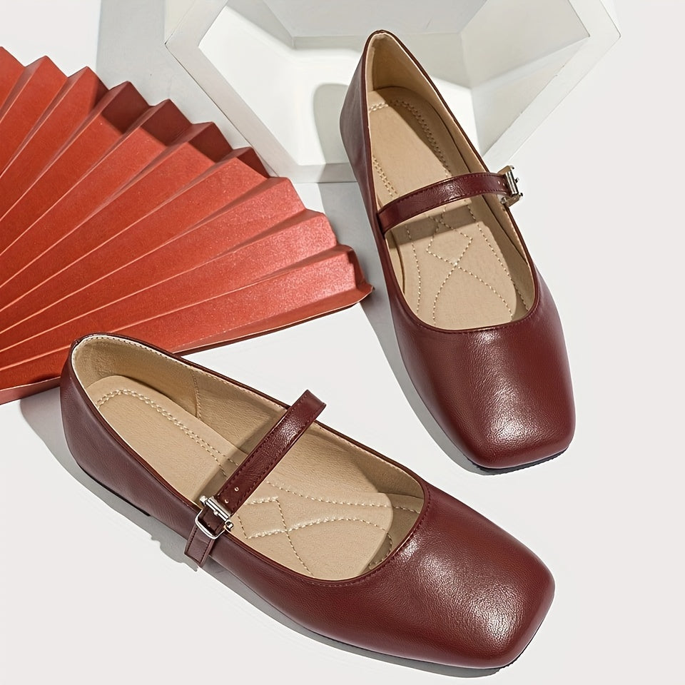 Ayollar uchun kvadrat barmoqli Mary Jane tufli, yopiladigan, burmalik bilan, oq, qora, qizil