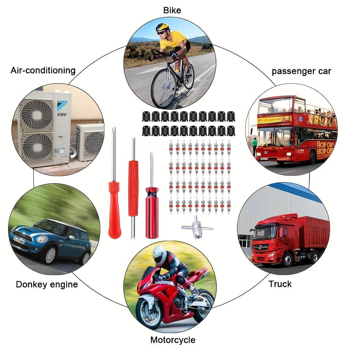 64 dona metaldan yasalgan valf yadro asboblari to'plami, elektr energiyasini talab qilmaydi, isitish, sovutish va havo tozalash qurilmalari uchun ideal. Ikki boshli valf yadro olib tashlagich, 4 yo'nalishli mis valf qopqog'i va yadro asbobi kiradi.