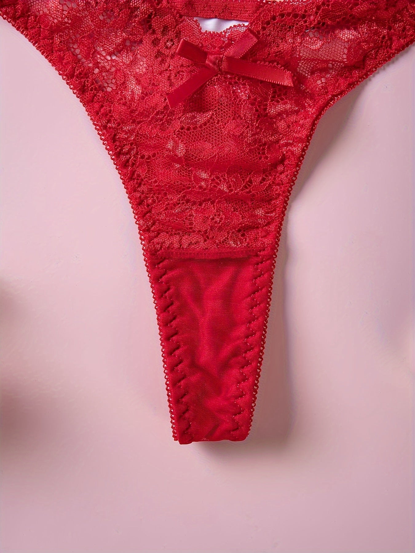 Red Lace Thong Panties with Floral Print and Bow Detail Low Rise V-Shaped Design Breathable Polyester Blend