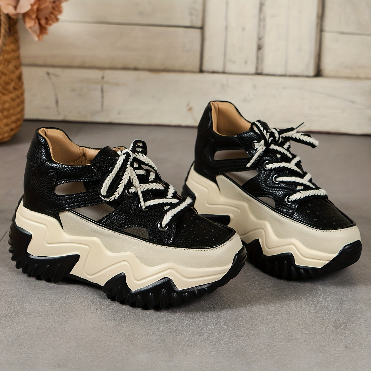 Women's Casual Microfiber Lace-Up Platform Sneakers with High Heel and Strappy Back