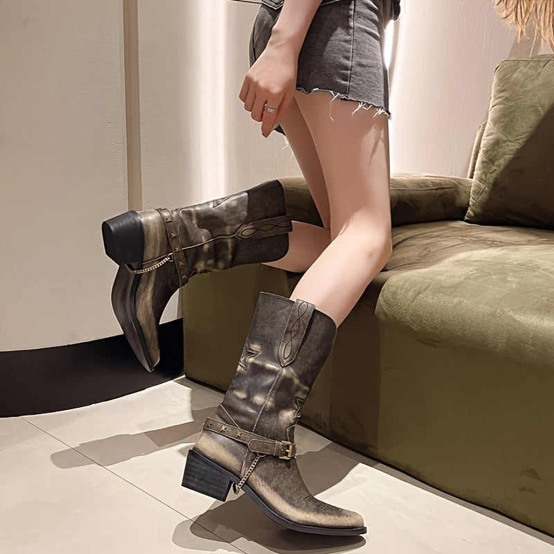 Women Western Cowboy Boots Pointed Toe Star Embroidered Mid-Calf Boots