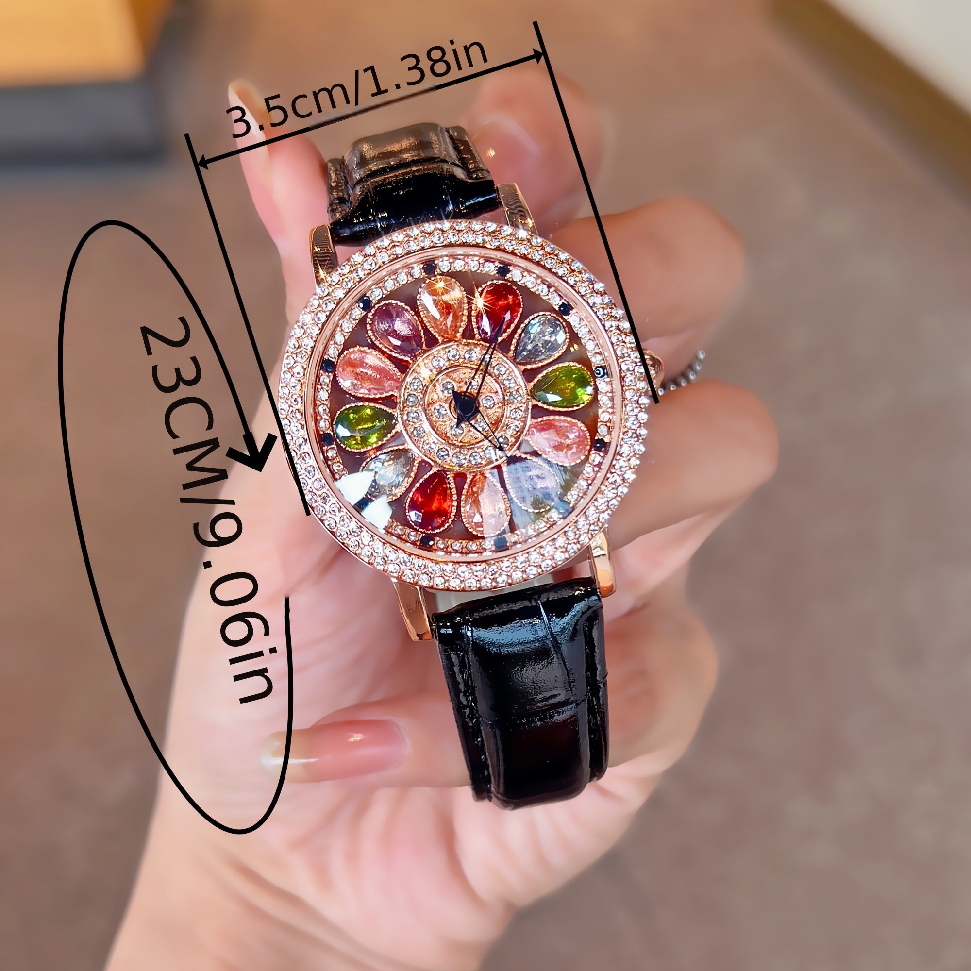 Women's Quartz Watch with Colorful Rhinestones, Alloy Case, PU Leather Strap