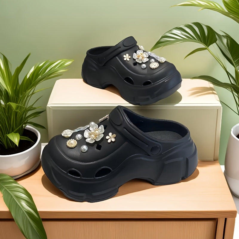 Women's EVA Clogs with Thick Sole, Floral Embellishments, Removable Accessories