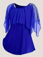 Plus Size Women's Chiffon Blouse with Pearl Embellishments Black Ruffled Sleeves