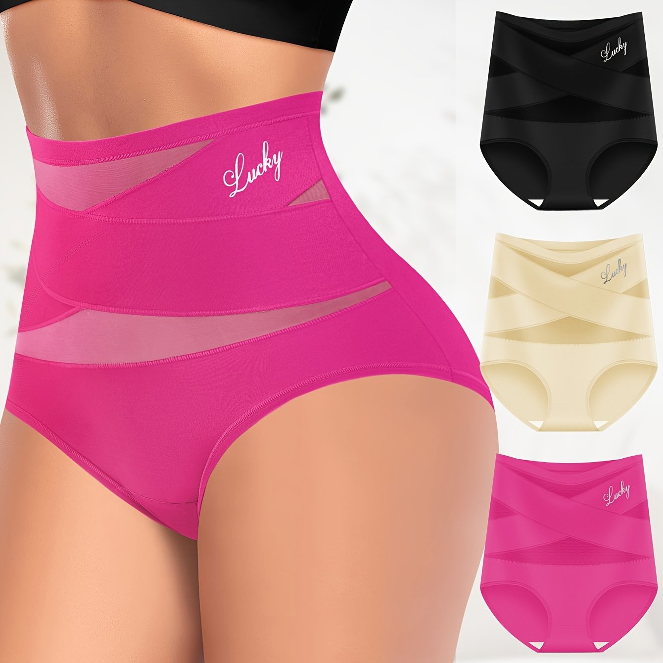 Women's High-Waist Tummy Control Briefs Breathable Mesh Seamless Butt Lift Polyester Elastane Set Black Pink Beige