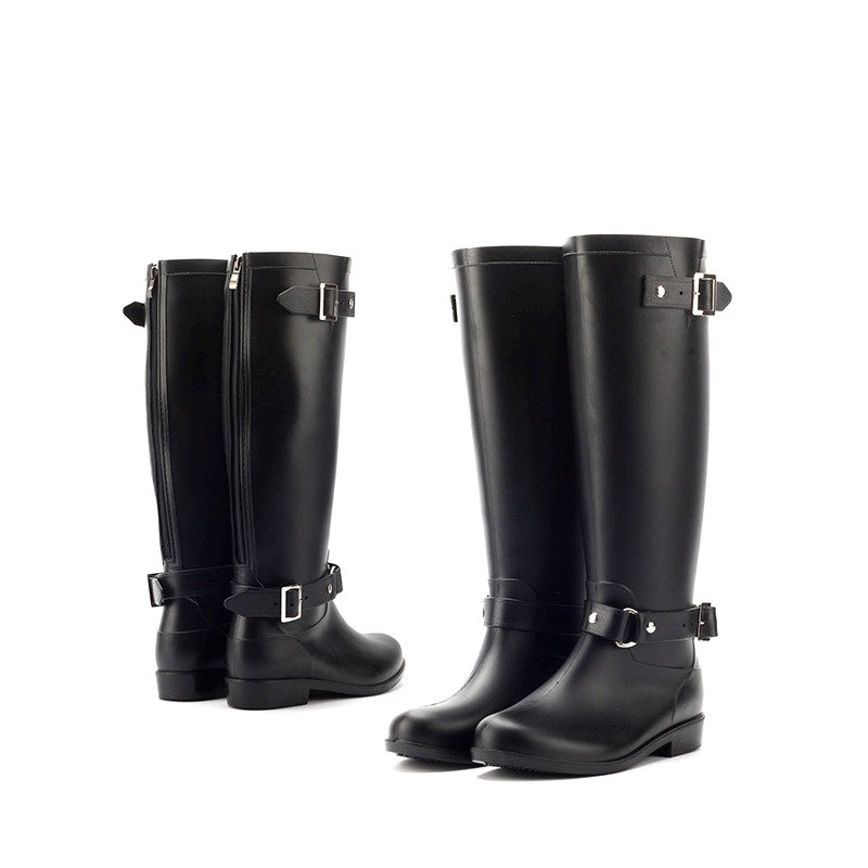 Women's PVC High-Calf Rain Boots with Adjustable Buckles Black Outdoor