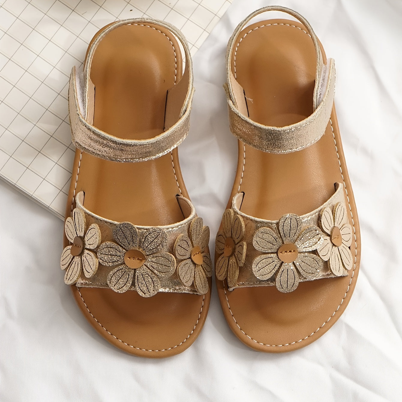 Girls Summer Sandals Floral Embroidery Breathable Light Brown Round Toe Hook-and-Loop Closure