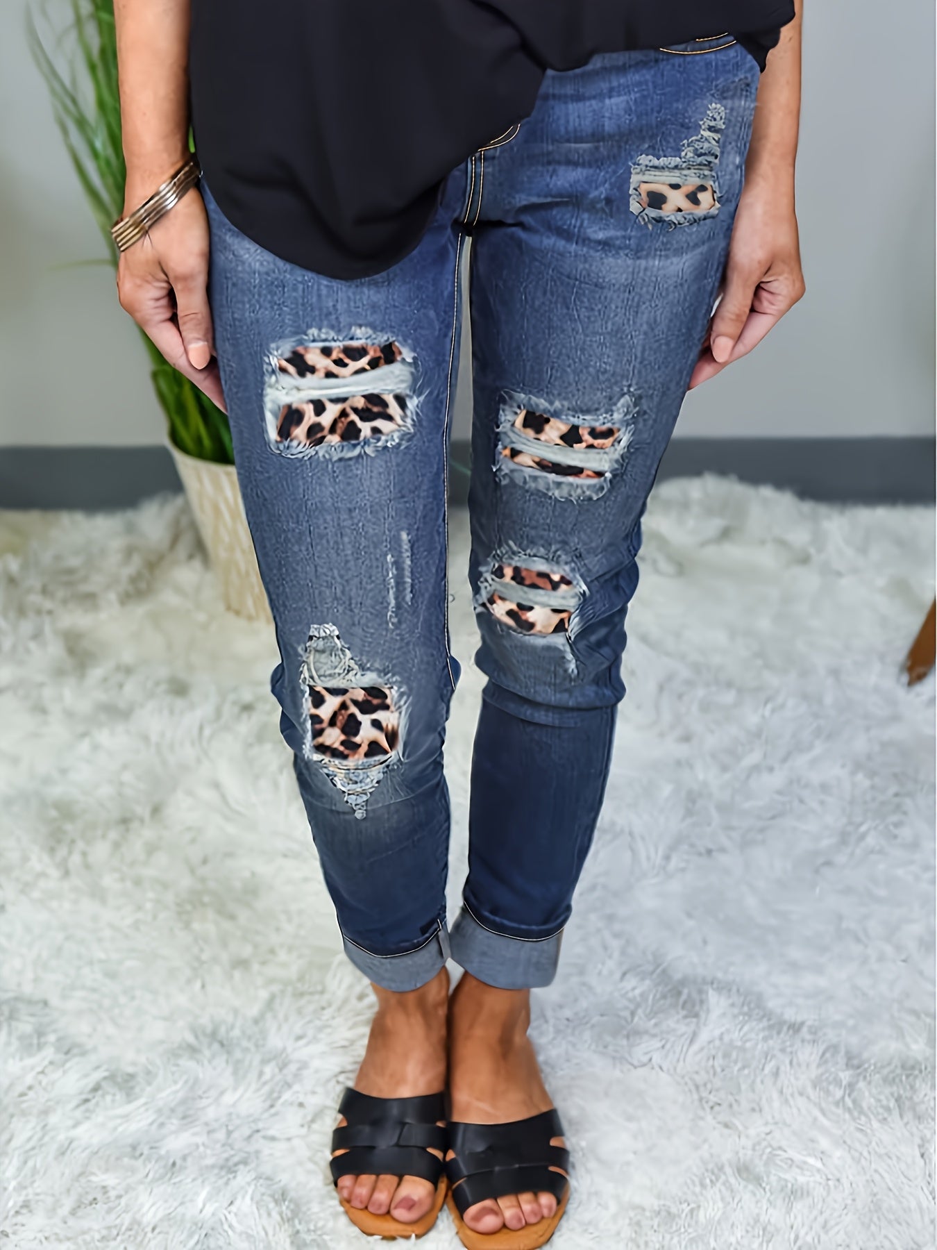 Women's Plus Size Leopard Print Patchwork Slim-Fit Jeans Stretch Denim Cuffed