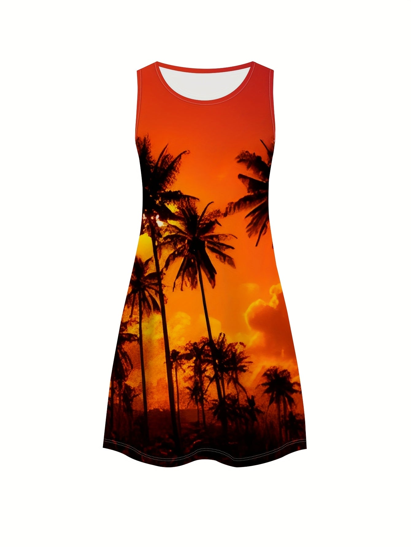 Women's Plus Size Sleeveless Tropical Print Beach Dress with Vibrant Orange Sunset Palm Design