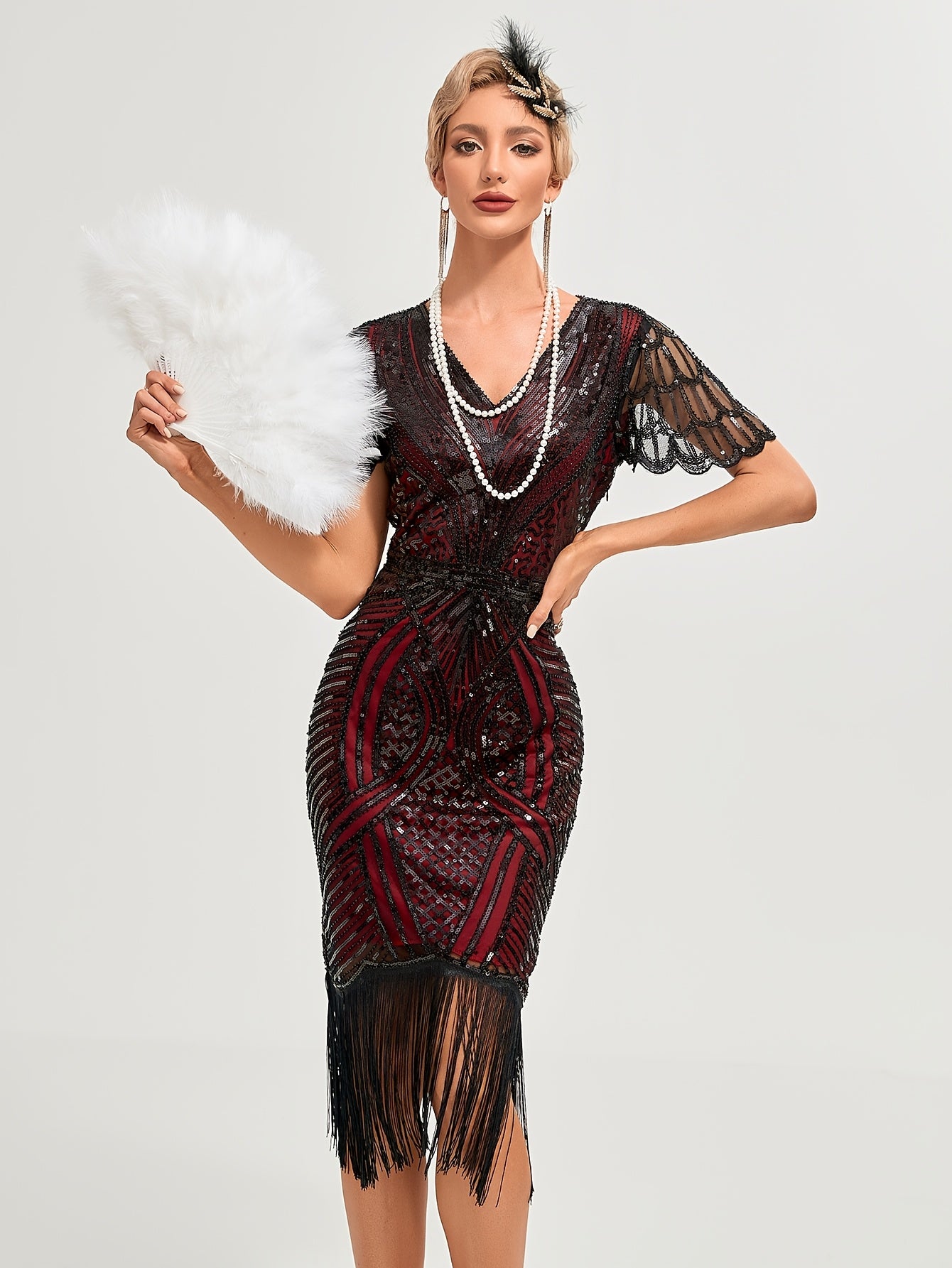 Women's Sequin V-Neck Midi Dress with Tassels and Embroidery