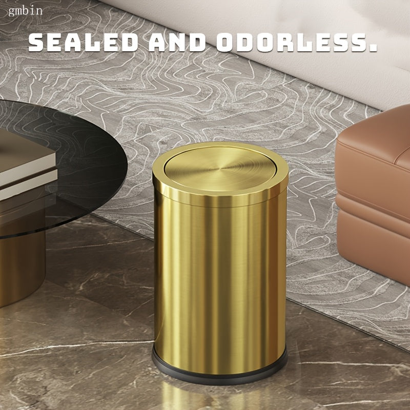 1 dona Gmbin Luxury Stainless Steel Trash Can with Swinging Lid - Zamonaviy oltin rangli yakun, shovqinsiz va yopiq, hidi va bakteriyalarni himoya qilish uchun, turli xonalar uchun ideal - Batareyasiz.