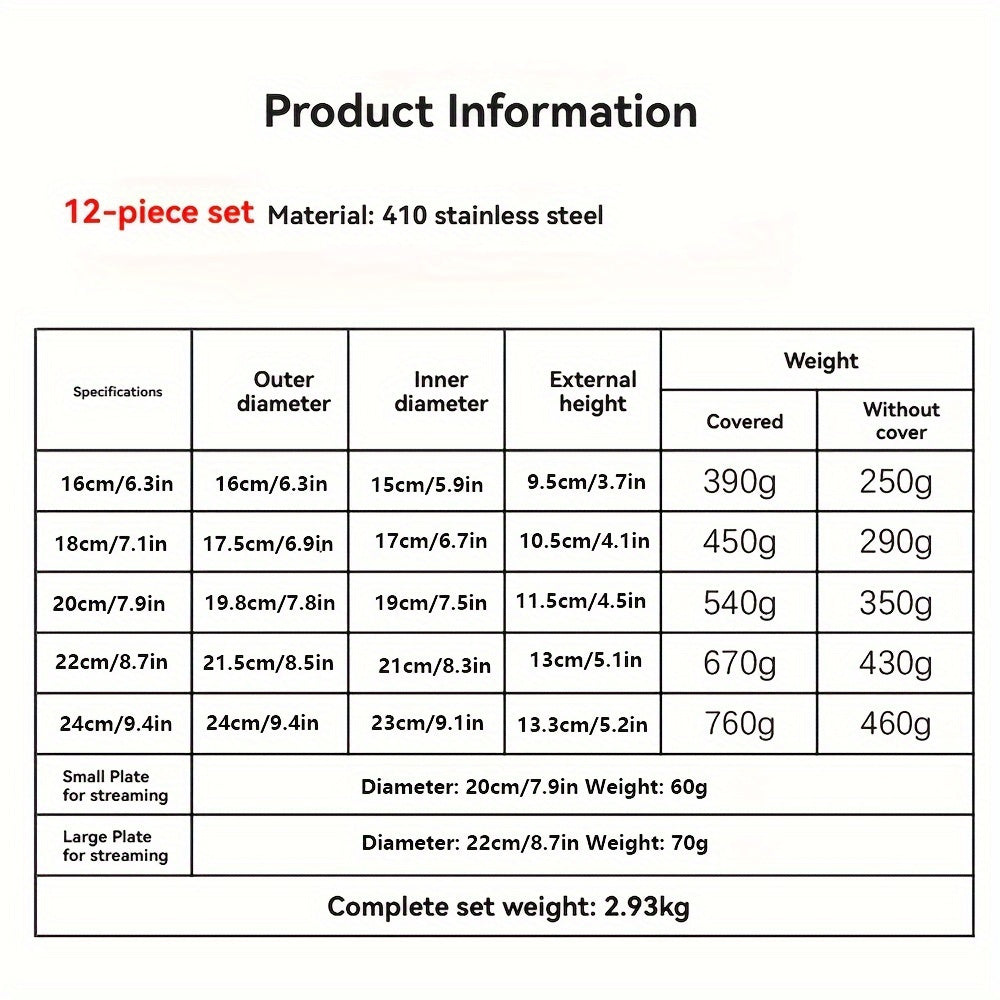12 dona to'liq zanglamas po'latdan yasalgan oshxona to'plami, bug'lash moslamasi, qovurish panasi va sho'rva qozoni - barcha pechlar uchun mos, ochiq havoda lagerda foydalanish uchun ideal - kumush rang