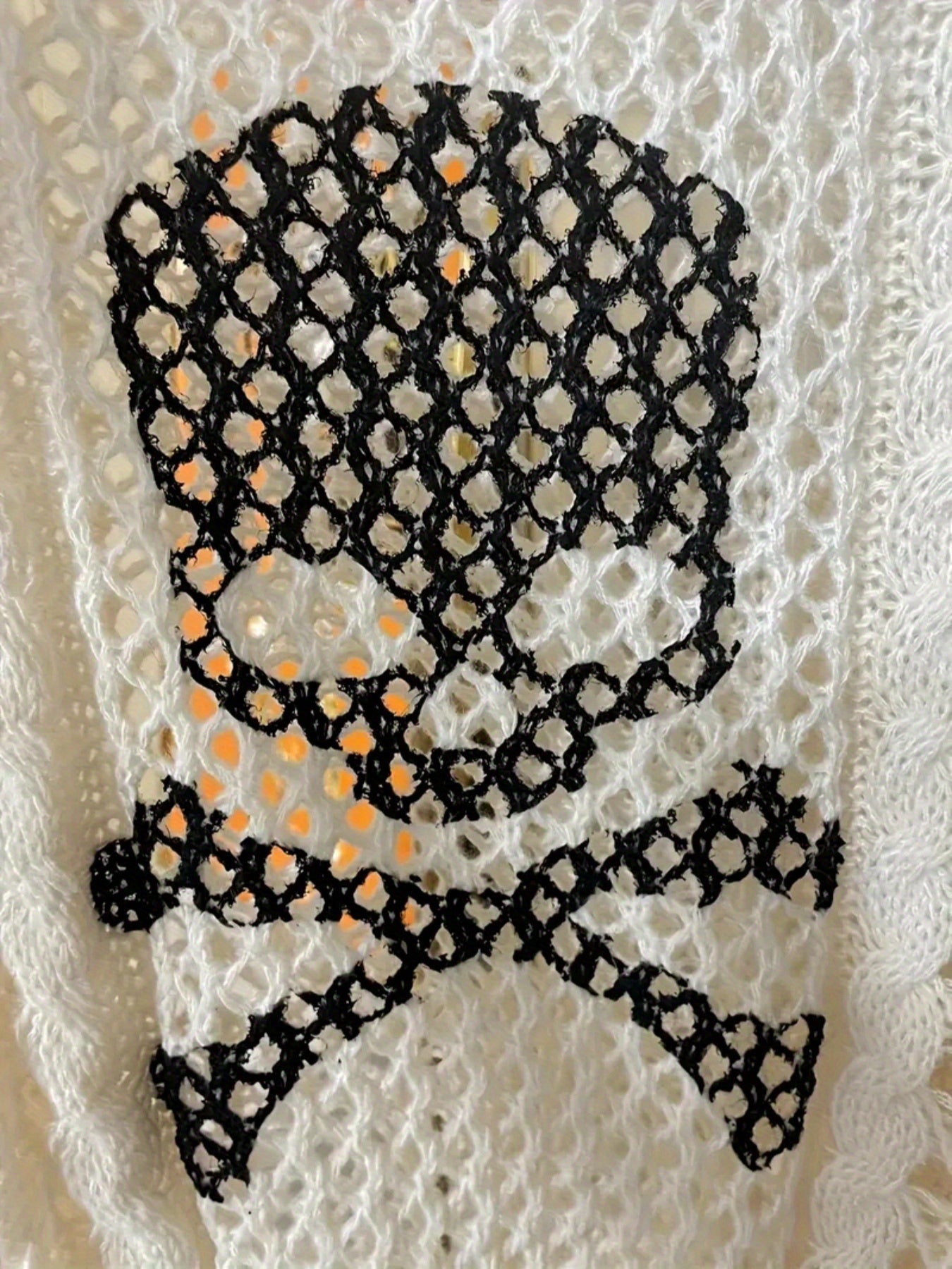 Women's Plus Size Skull Graphic Cardigan Oversized Long Sleeve Mesh Beige Black