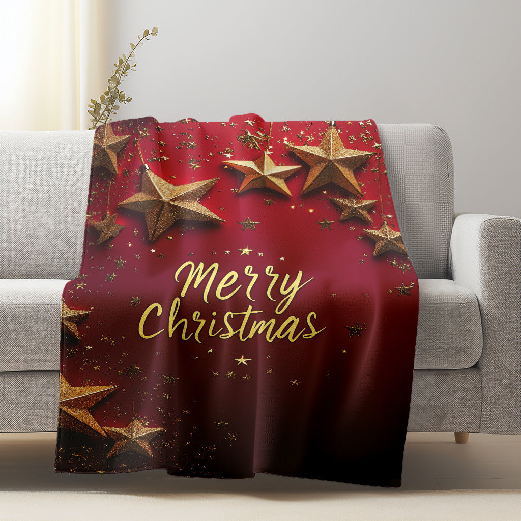 Lightweight Plush Blanket with Star and Merry Christmas Print for Home, Travel, and Camping