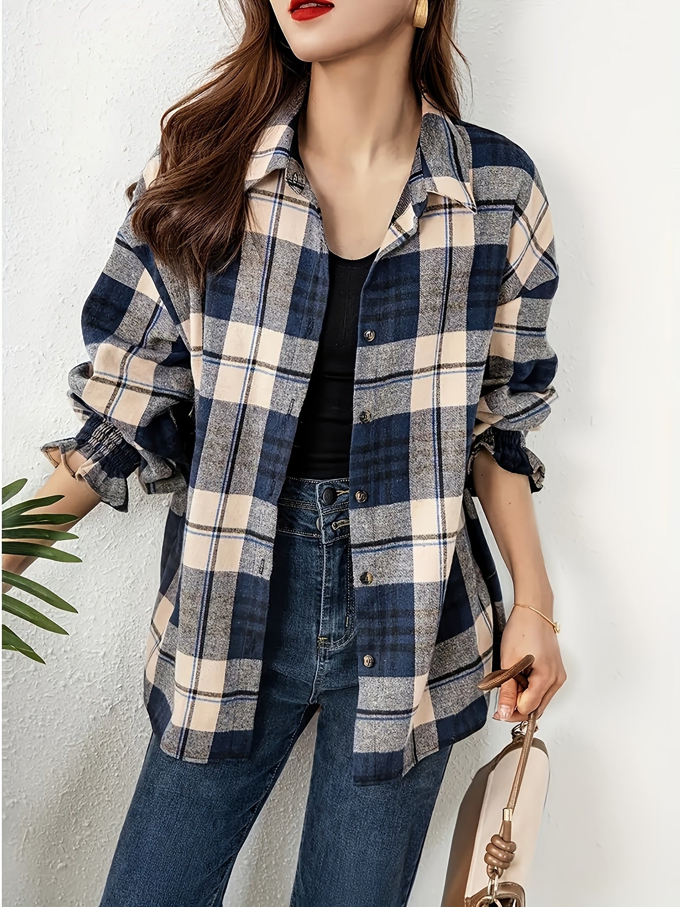 Plus Size Women's Plaid Long Sleeve Button-Up Shirt Casual Fall Blouse
