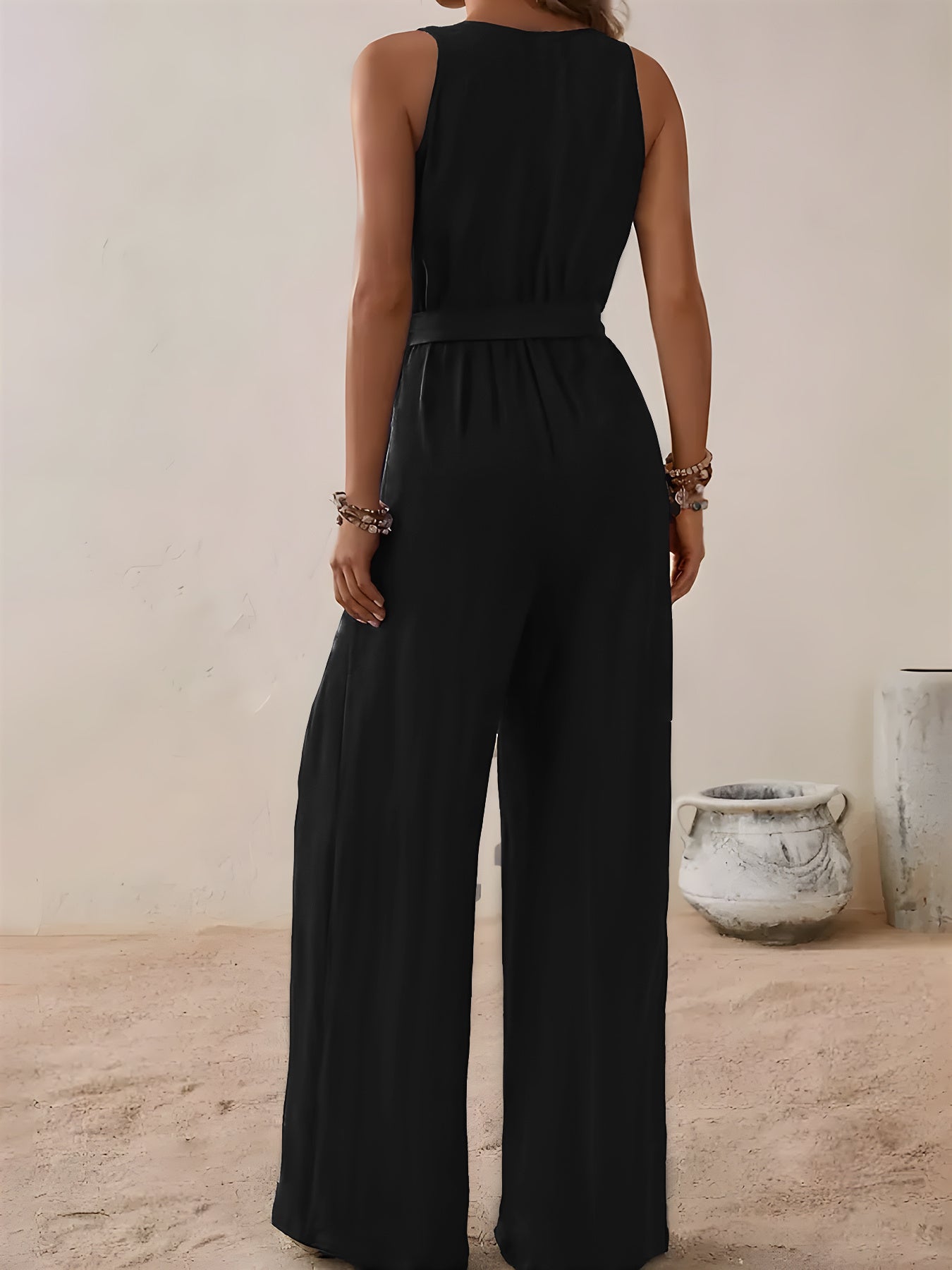 Plus Size Women's V-Neck Sleeveless Jumpsuit with Tie Waist Black Utility