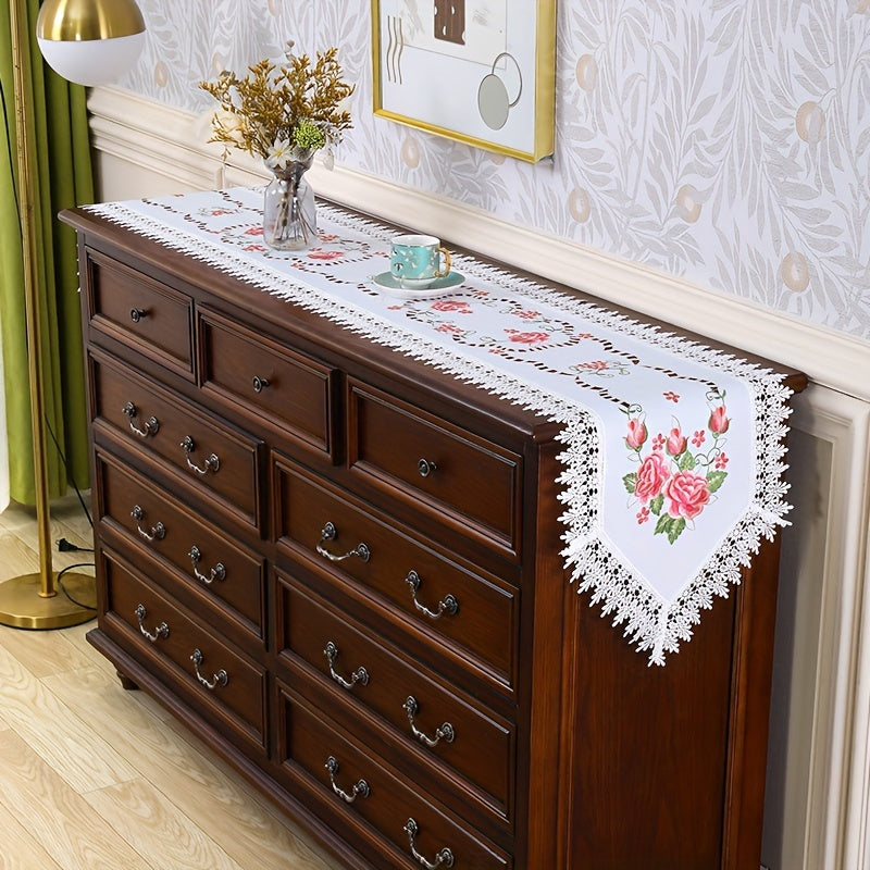 Camino de mesa floral rosa bordado a mano con encaje para cenas y días festivos
