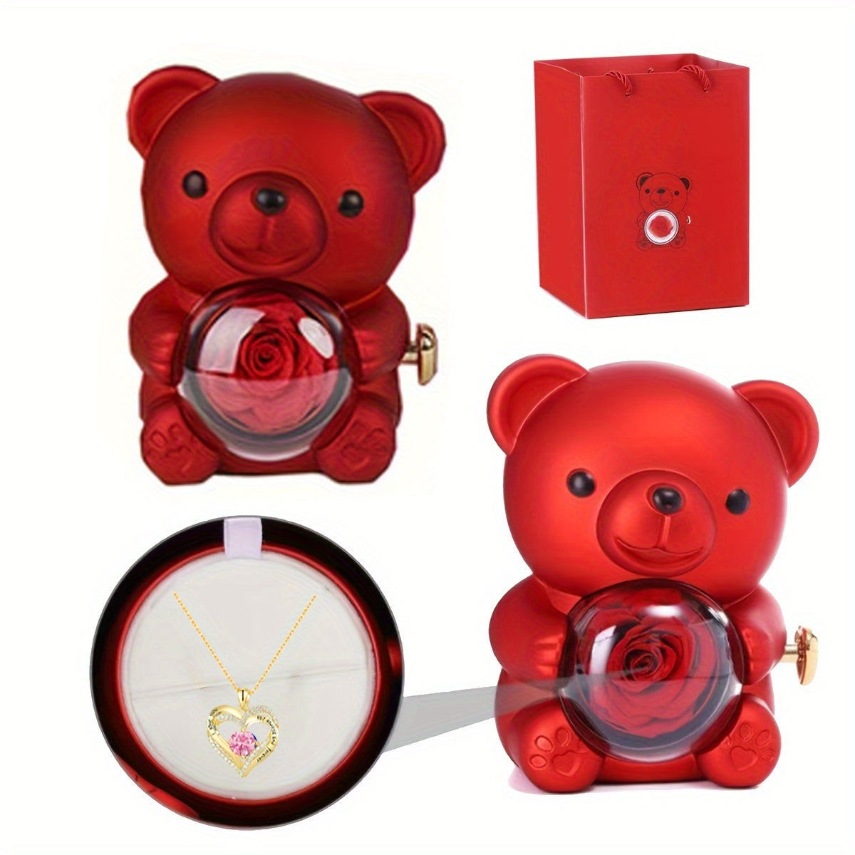 Women’s Gold Plated Bear Pendant Necklace with Rose and Cubic Zirconia December Birthstone