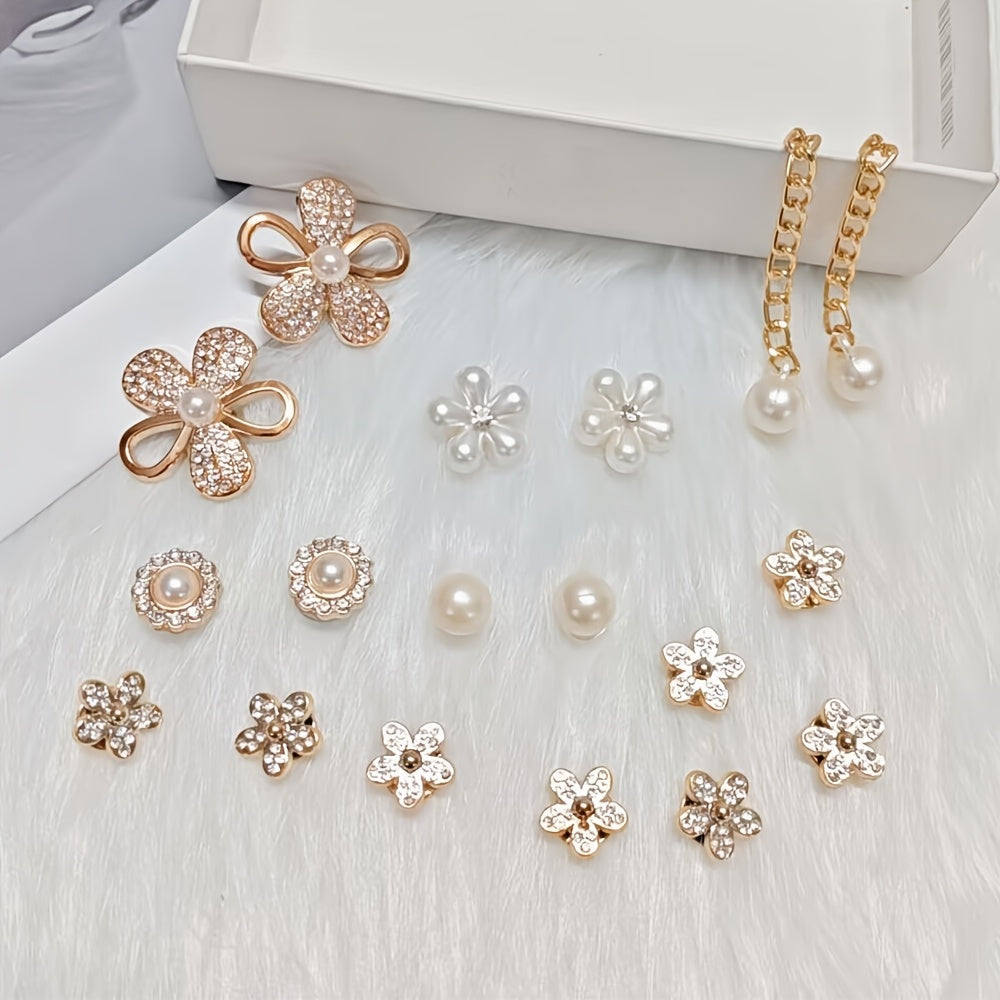 Women Faux Rhinestone Shoe Charms Set with Flowers and Chains 18pcs